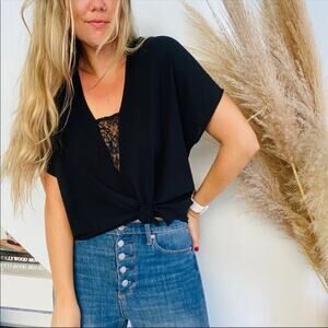 AZALEA Black Lace Inset VNeck Kimono Short Sleeve Slinky Blouse Top Shirt L